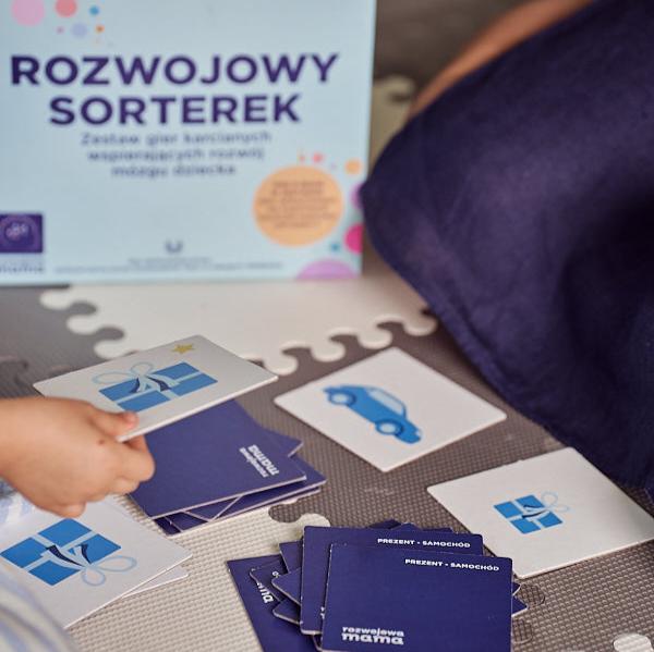 Zdjęcie przedstawia pudełko gry "Rozwojowy sorterek" oraz rozłożone karty.