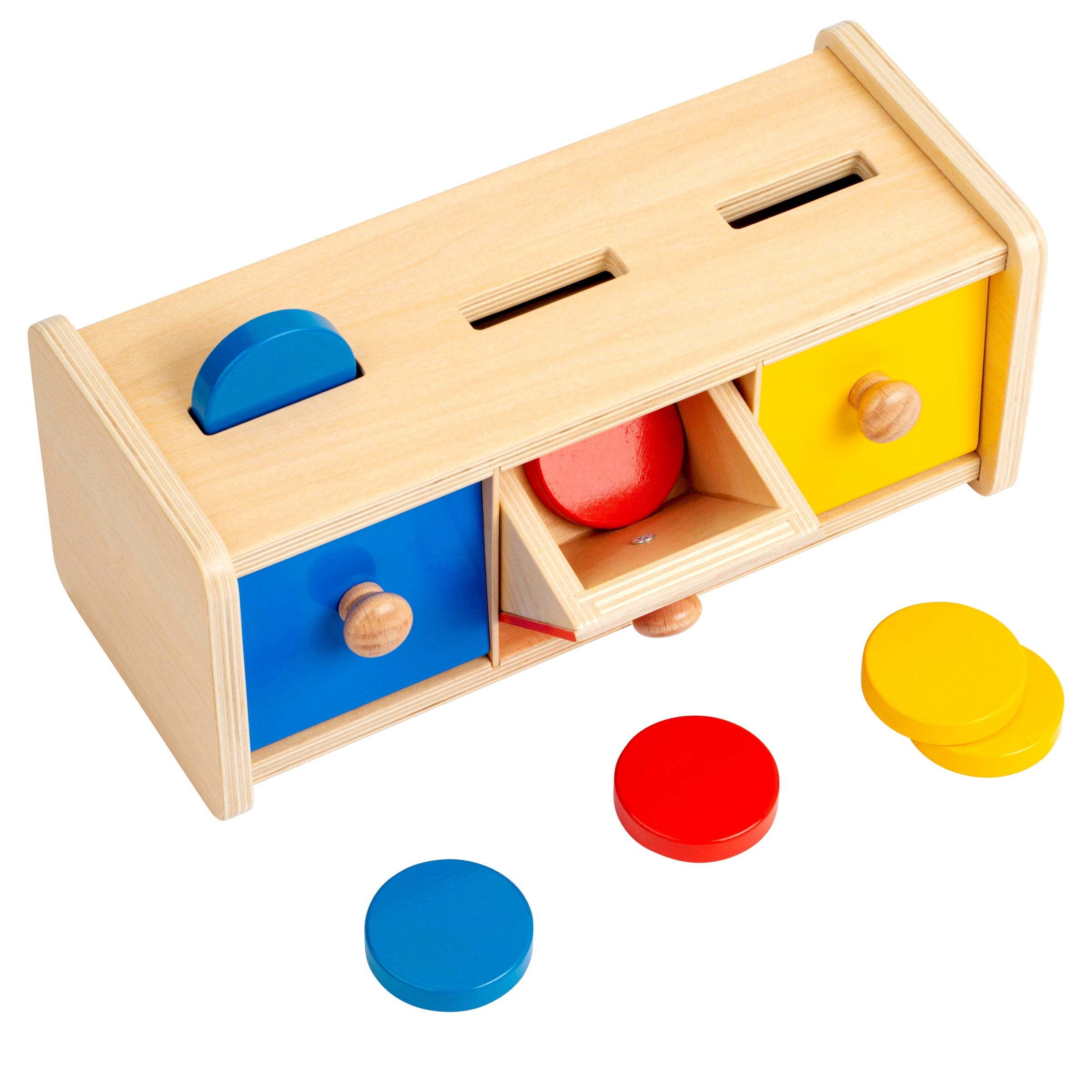 Sorter kolorów dla dzieci Montessori - drewniana zabawka edukacyjna z trzema szufladkami i kolorowymi żetonami, wspierająca rozwój małej motoryki, koordynacji ręka-oko oraz zrozumienie przyczyny i skutku