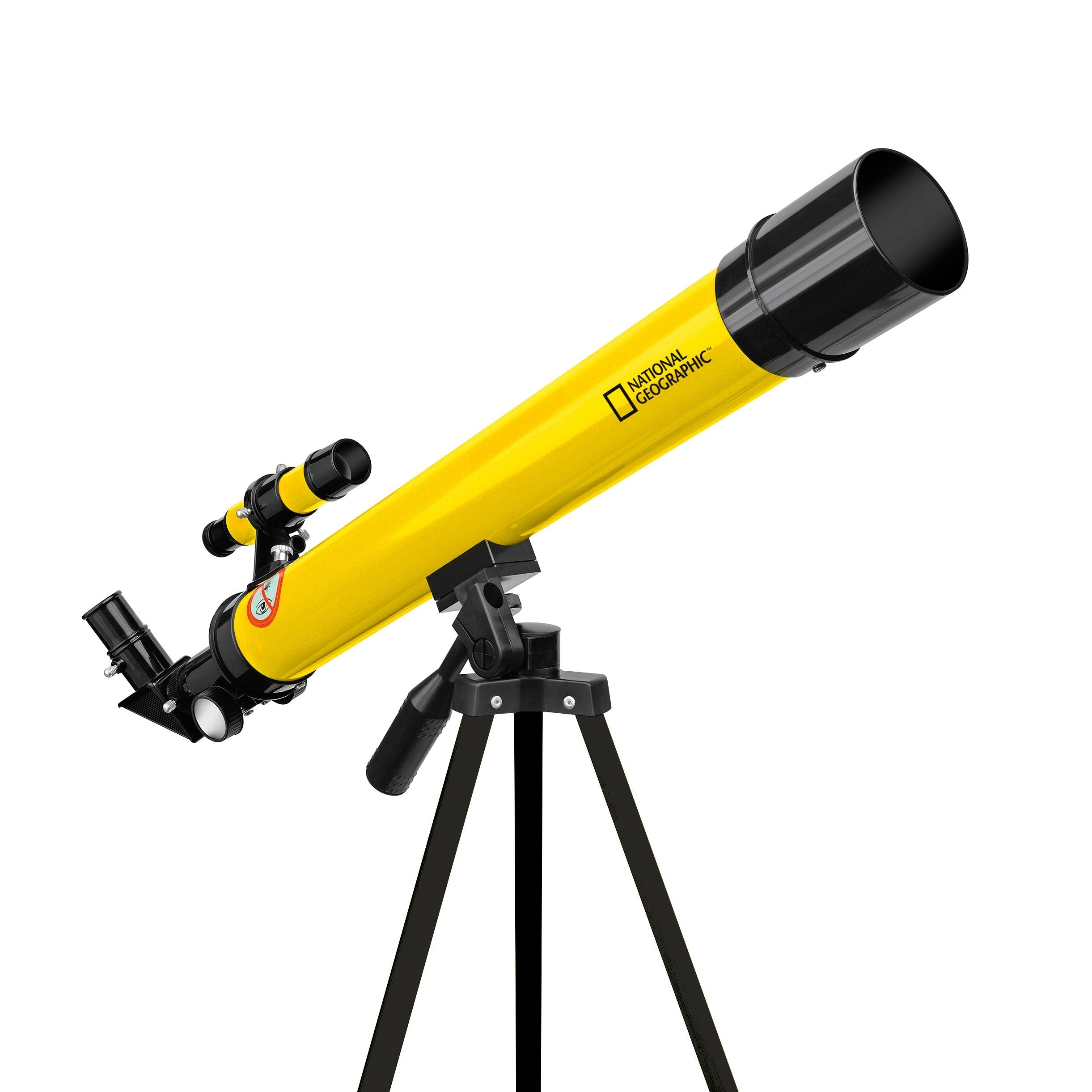 Teleskop Bresser 45/600 mm z rodziny National Geographic, w kolorze żółtym, umieszczony na statywie, przeznaczony do obserwacji astronomicznych, z lunetką celowniczą, różnymi okularami do zmiany powiększenia oraz możliwością użycia do obserwacji przyrody, idealny dla dzieci od 7 roku życia.