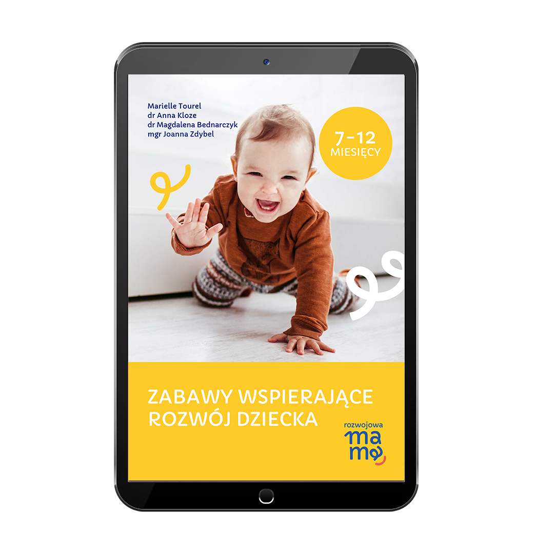 Wizualizacja e-booka na ekranie tabletu przedstawiająca propozycje zabaw dla niemowląt w pierwszym roku życia. Skupienie na rozwoju sensorycznym, motoryce dużej i budowaniu więzi z rodzicem.