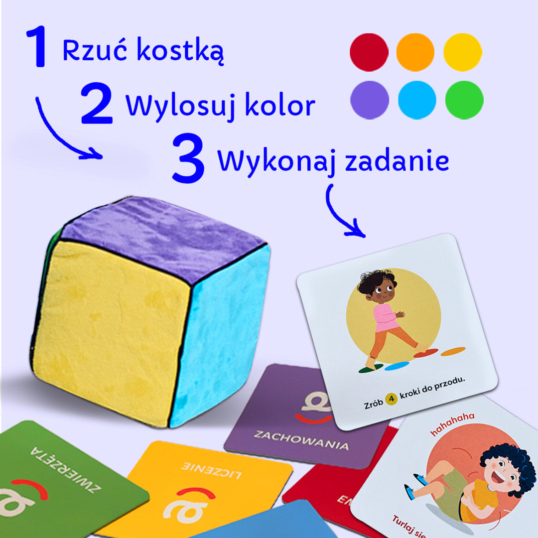 Kostka Aktywności nauka przez zabawę – pierwsza gra edukacyjna dla 2-latka: miękka kostka i 48 kart