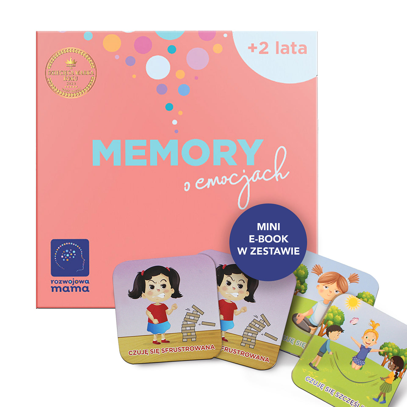 Gra "Memory o emocjach" to edukacyjna gra dla dzieci powyżej 2. roku życia, która rozwija pamięć, koncentrację uwagi oraz umiejętności emocjonalne. Zestaw zawiera pięknie ilustrowane karty przedstawiające różne emocje, które pomagają dzieciom w nauce rozpoznawania i rozumienia uczuć. W skład zestawu wchodzi również mini e-book "Podstawy inteligencji emocjonalnej"