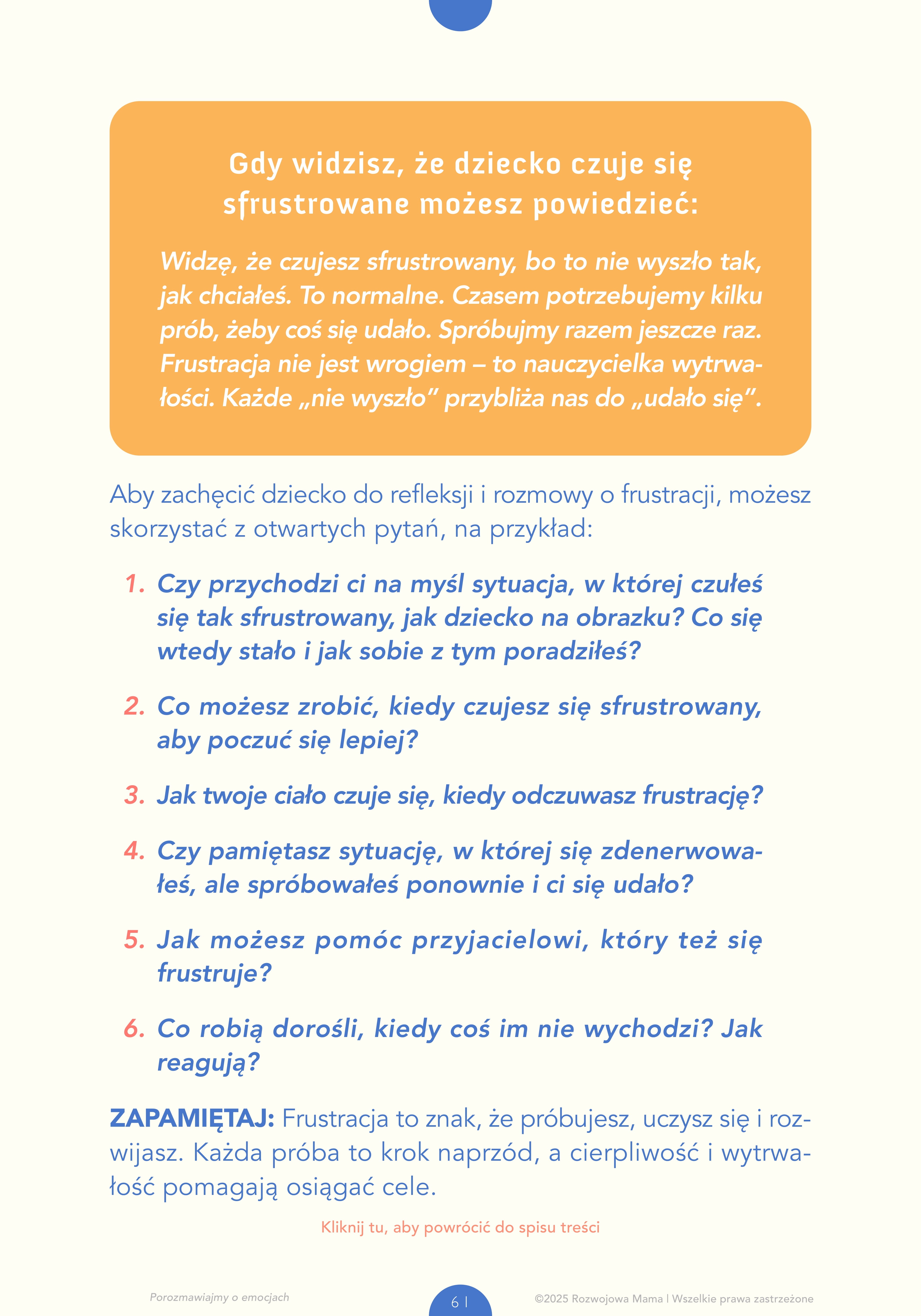 Rozdział e-booka Porozmawiajmy o emocjach "czuję się sfustrowany/sfustrowana",pokazujący strategie radzenia sobie z trudnymi uczuciami i przykłady rozmów z dzieckiem.