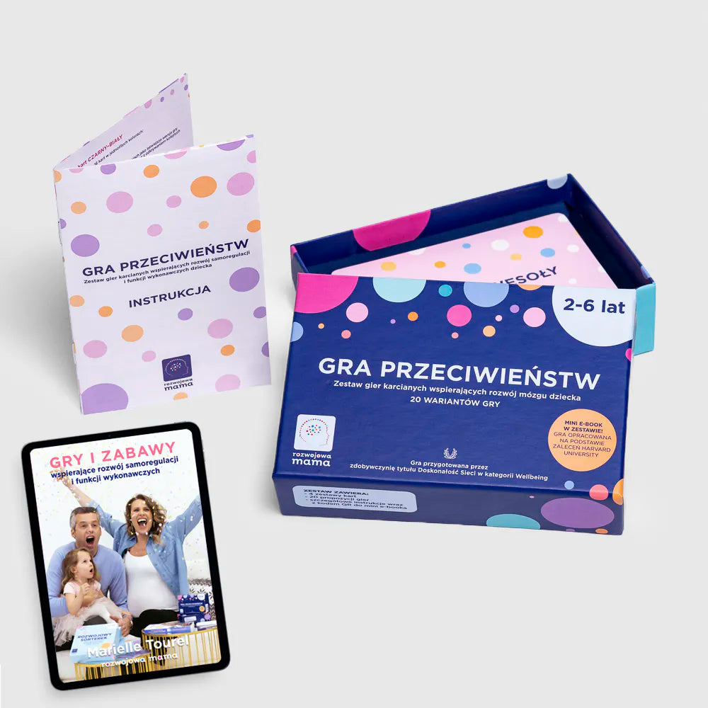 Obrazek przedstawia opakowanie "Gry przeciwieństw", instrukcję gry i tablet z wyświetloną okładką e-booka "Gry i zabawy wspierające rozwój samoregulacji i funkcji wykonawczych"