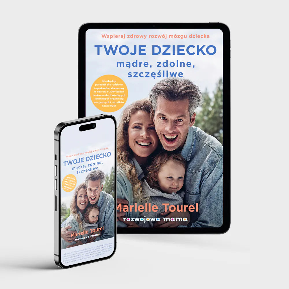 Obrazek przedstawia urządzenia mobilne - smartfon i telefon - prezentujące okładkę e-booka "Twoje dziecko - mądre, zdolne, szczęśliwe".