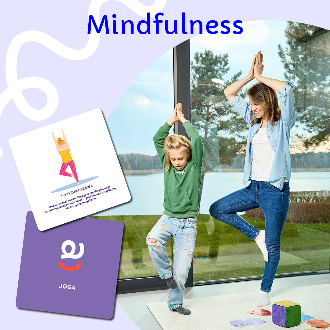 Ćwiczenia jogi z dzieckiem inspirowane kartą z gry Kostka Aktywności Mindfulness – wspólna praktyka uważności rodzica z dzieckiem