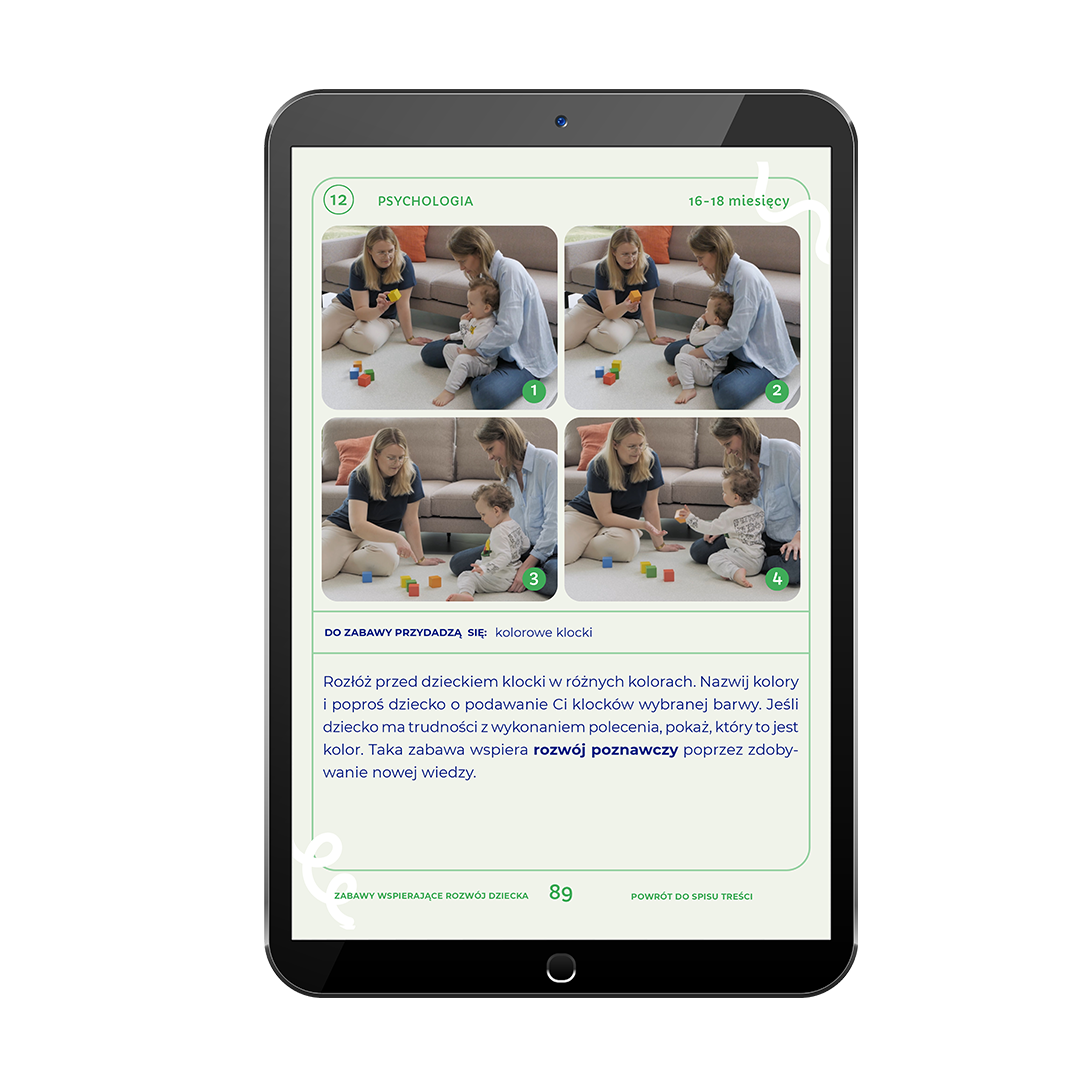 Strona e-booka z zabawami rozwojowymi dla roczniaka – instrukcja krok po kroku ze zdjęciem i opisem korzyści rozwojowych