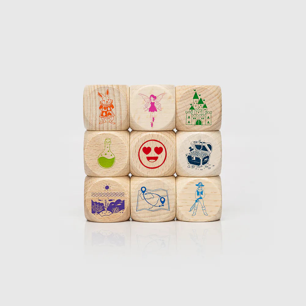 Drewniane kości do opowiadania historii – 54 bajkowe ilustracje na 9 kostkach Wasze Historie Rozwojowa Mama