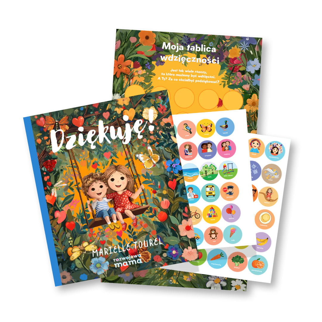 Zestaw „Dziękuję!" Rozwojowa Mama – książka o wdzięczności, tablica wdzięczności i kolorowe naklejki dla dzieci