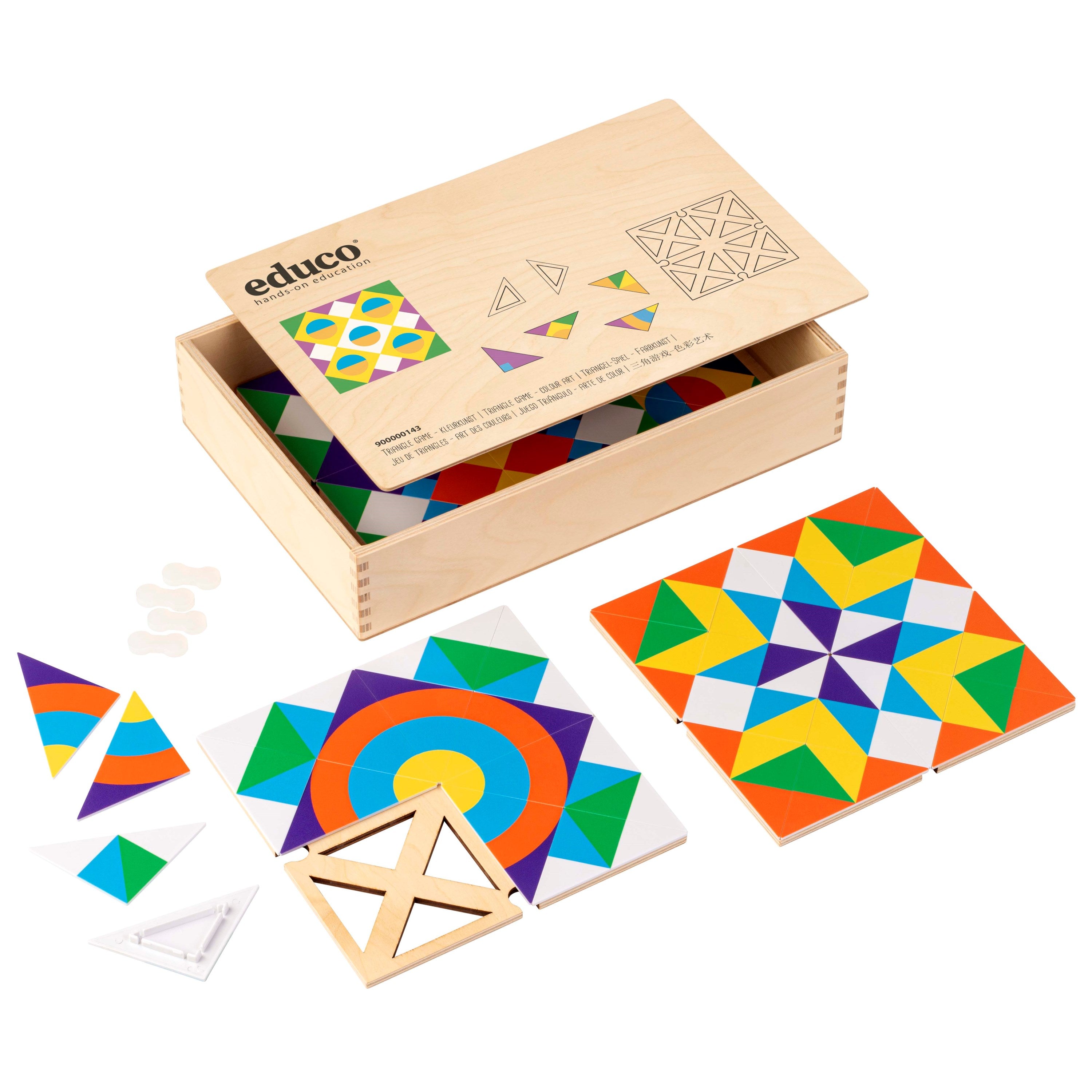 Gra edukacyjna kolorowe trójkąty Educo – 4 drewniane tablice i 64 trójkąty do nauki symetrii i geometrii, wiek 4–10 lat