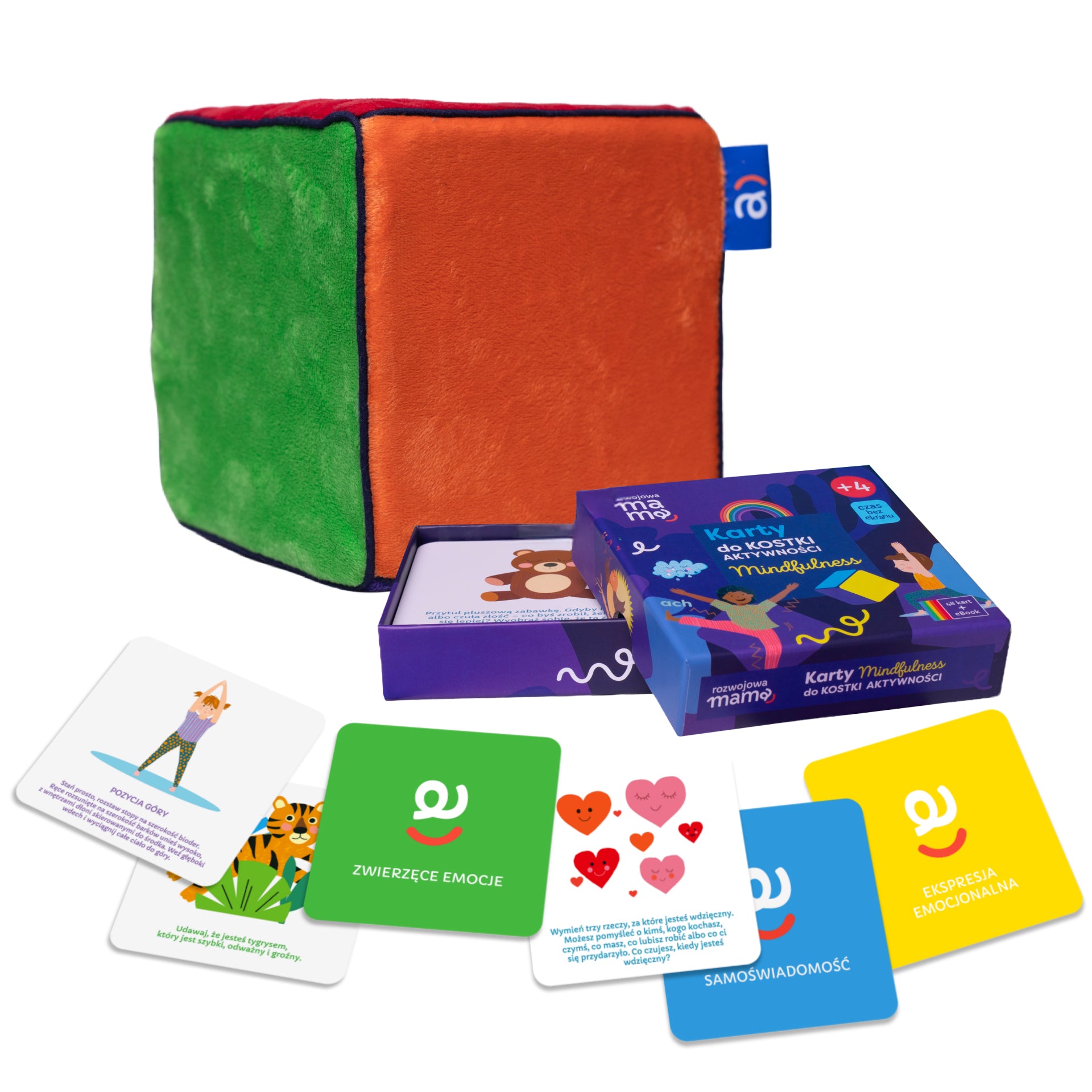 Gra mindfulness Kostka Aktywności – kolorowa miękka kostka z kartami zadań do ćwiczeń uważności dla całej rodziny