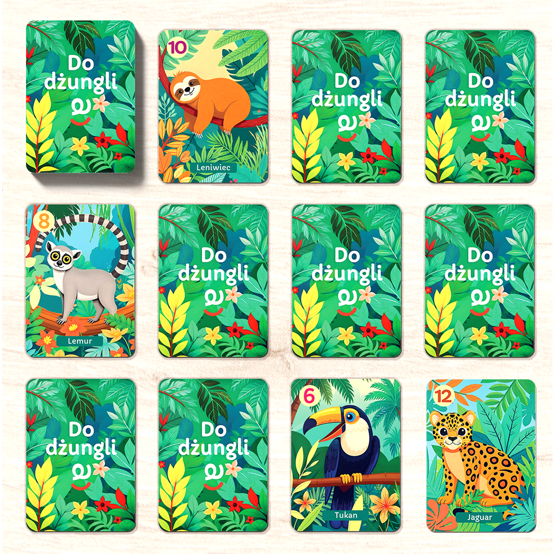 Kolorowe karty do gry strategicznej "Do Dżungli" z ilustracjami egzotycznych zwierząt i roślin. Gra przeznaczona dla dzieci od 3 roku życia, rozwijająca pamięć.