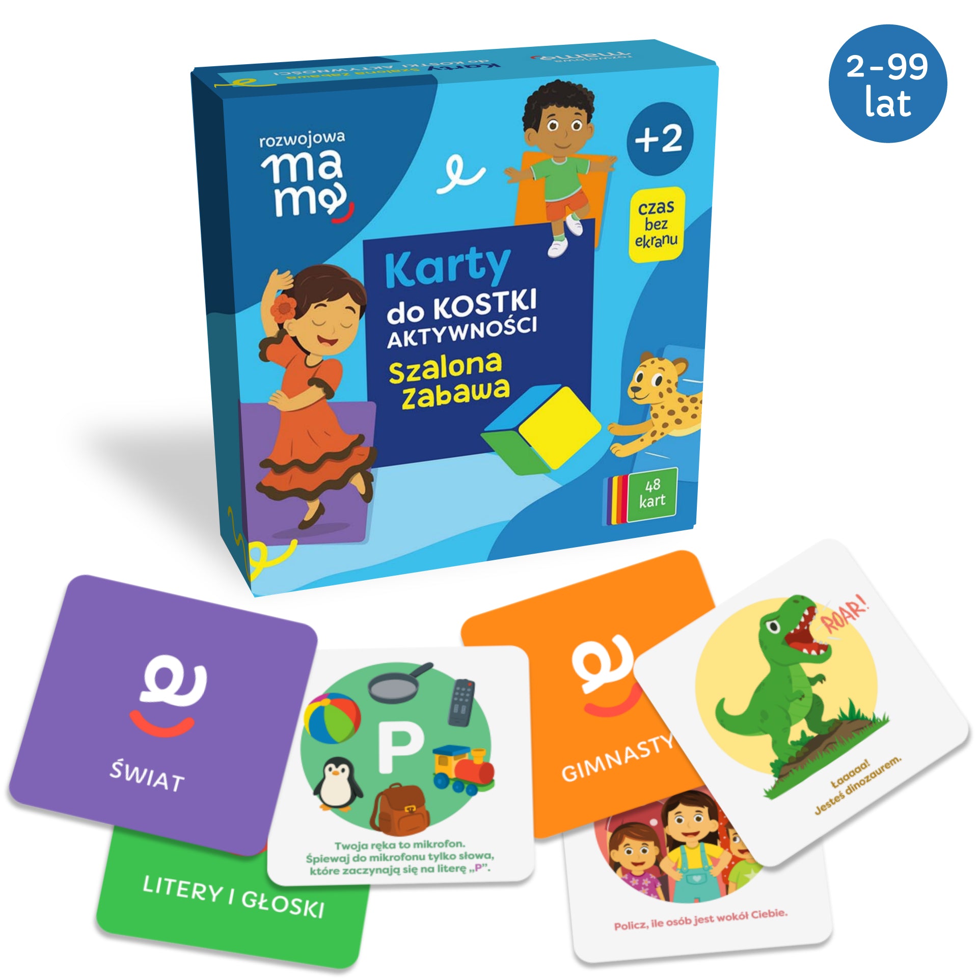 Karty Szalona Zabawa do Kostki Aktywności – 48 kolorowych kart z zadaniami ruchowymi i edukacyjnymi dla dzieci 2–13 lat