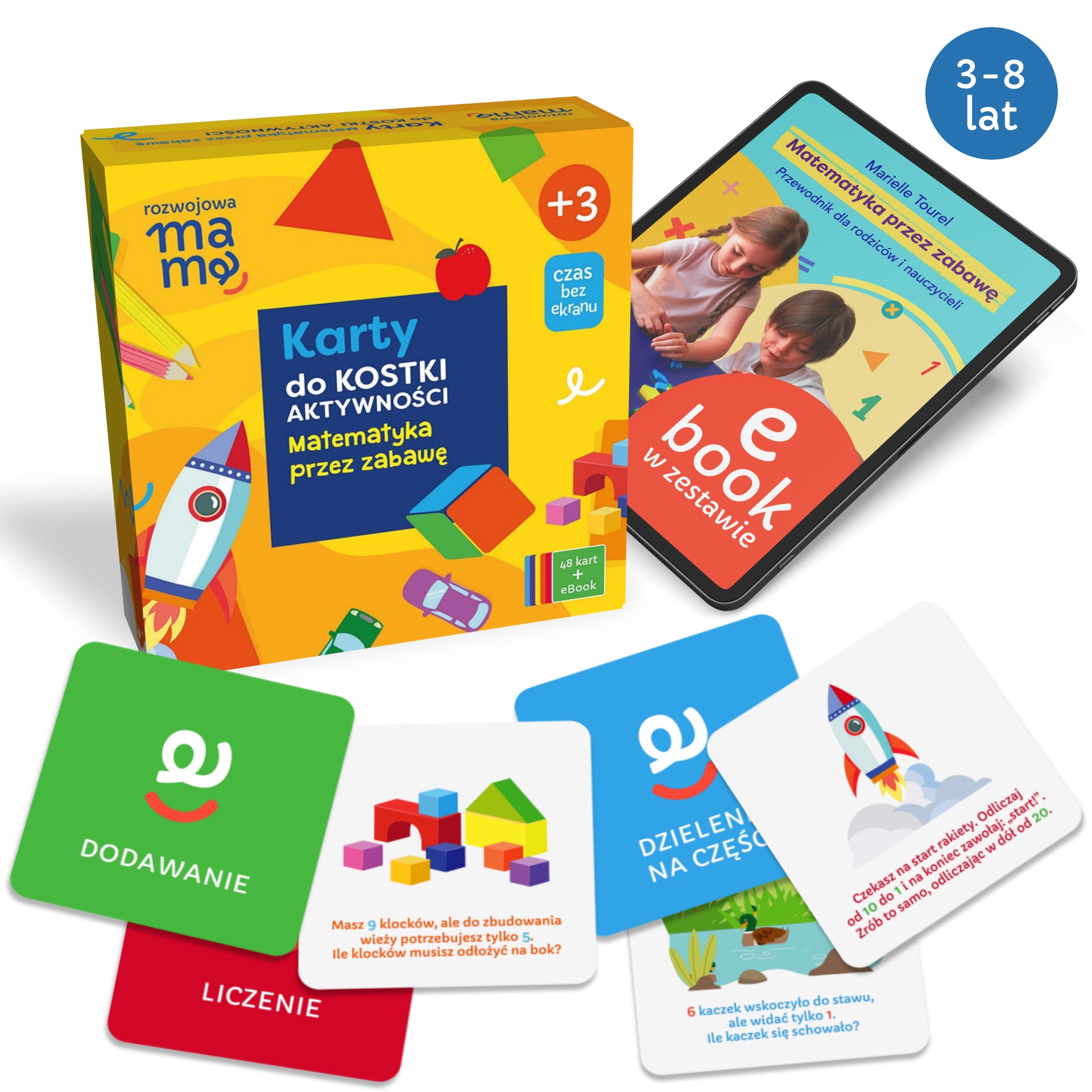Karty edukacyjne do kostki aktywności z zadaniami matematycznymi: dodawanie, odejmowanie, rozpoznawanie kształtów i wzorów. Zadania łączą naukę liczenia z ruchem i zabawą.
