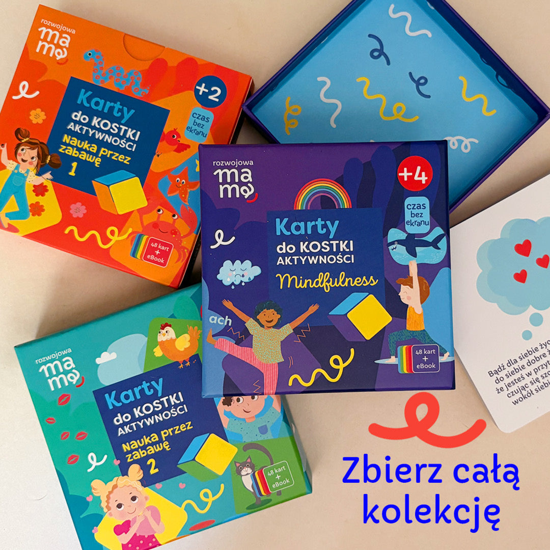 Kolekcja talii kart do Kostki Aktywności Rozwojowa Mama – Mindfulness, Nauka przez zabawę oraz Nauka przez zabawę 2
