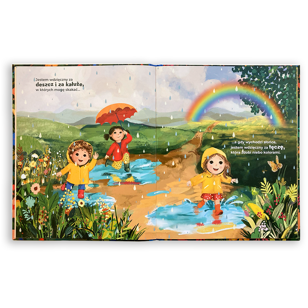 Opowieść o dostrzeganiu dobra z książki „Dziękuję!" – kolorowa strona z tekstem i ilustracją dla dzieci 2–7 lat