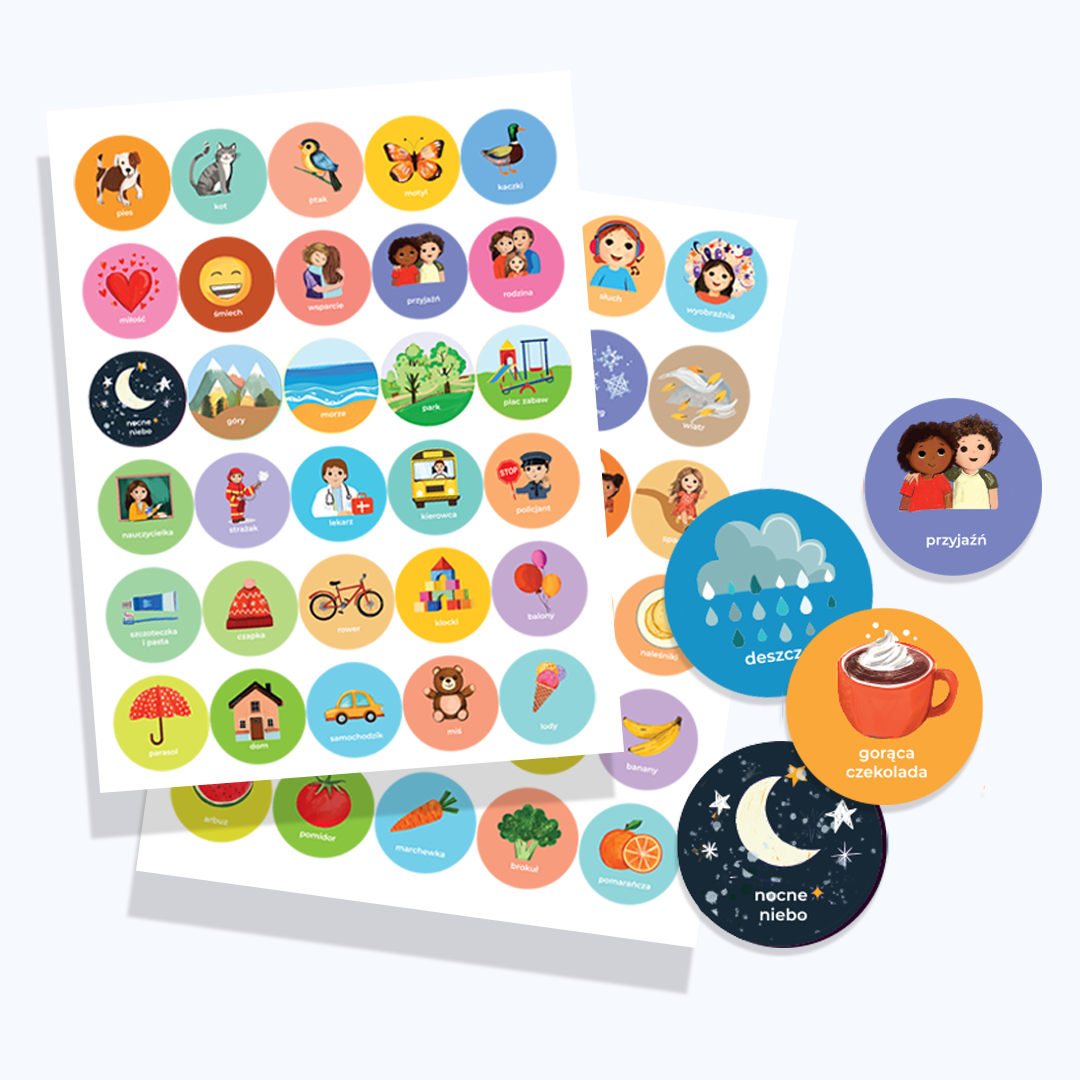 Arkusze naklejek z książki „Dziękuję!" – kolorowe ilustracje do tablicy wdzięczności i zabaw z dzieckiem
