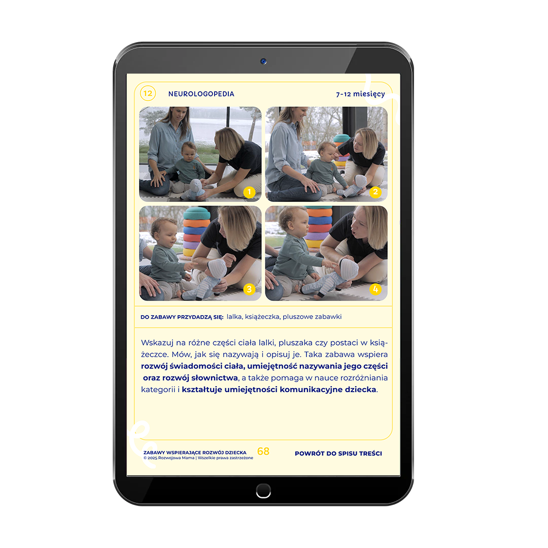 Rozwój mowy niemowlęcia 7–12 miesięcy – zabawy od neurologopedy wspierające pierwsze słowa, gesty i rozumienie mowy