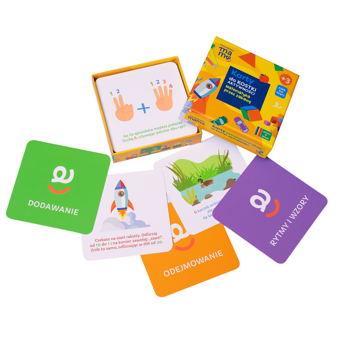 Pudełko kart matematycznych – gra edukacyjna do Kostki Aktywności z zadaniami z dodawania, odejmowania i rozpoznawania wzorów