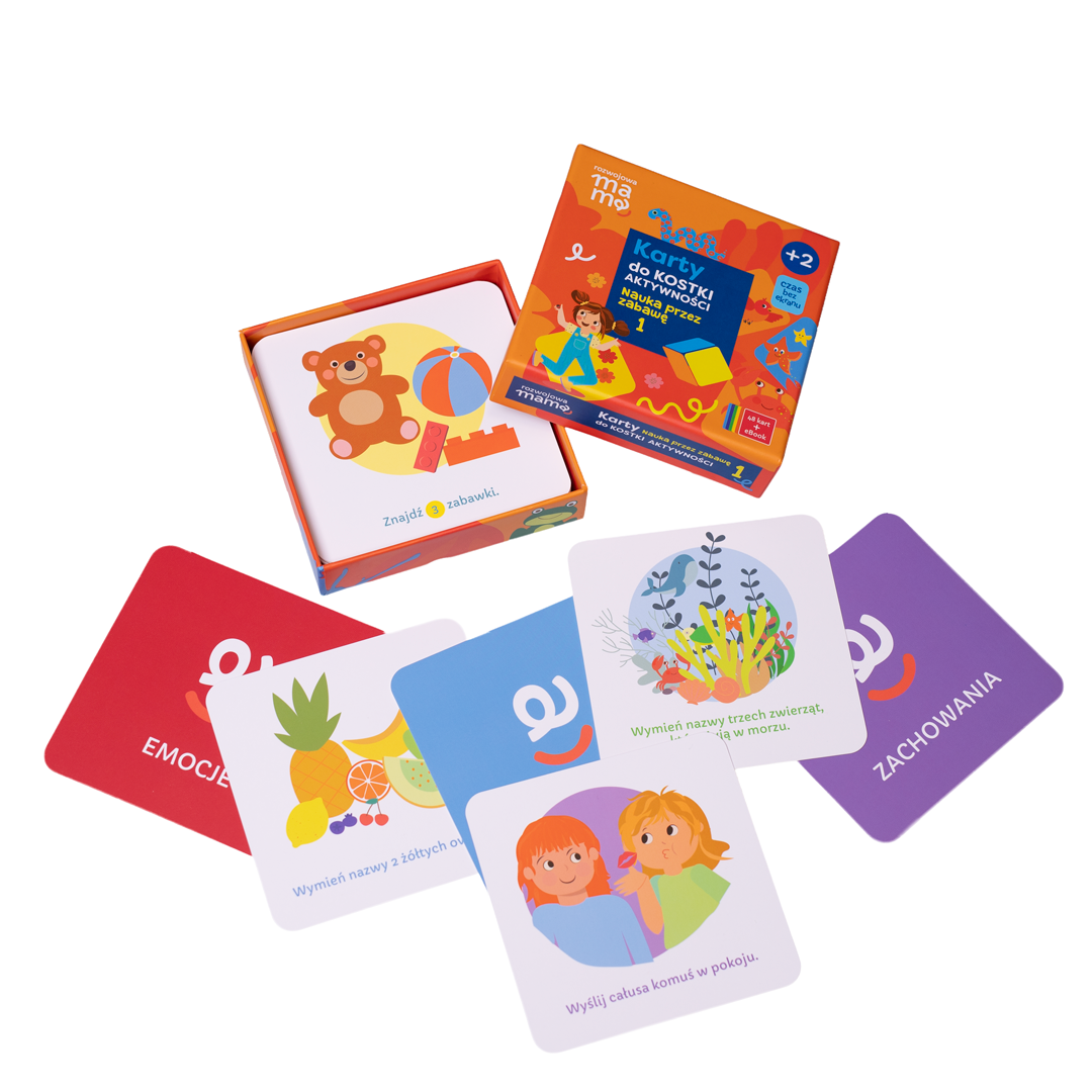 Pomarańczowe opakowanie kart Nauka przez Zabawę do Kostki Aktywności – 48 kart edukacyjnych dla dzieci od 2 lat