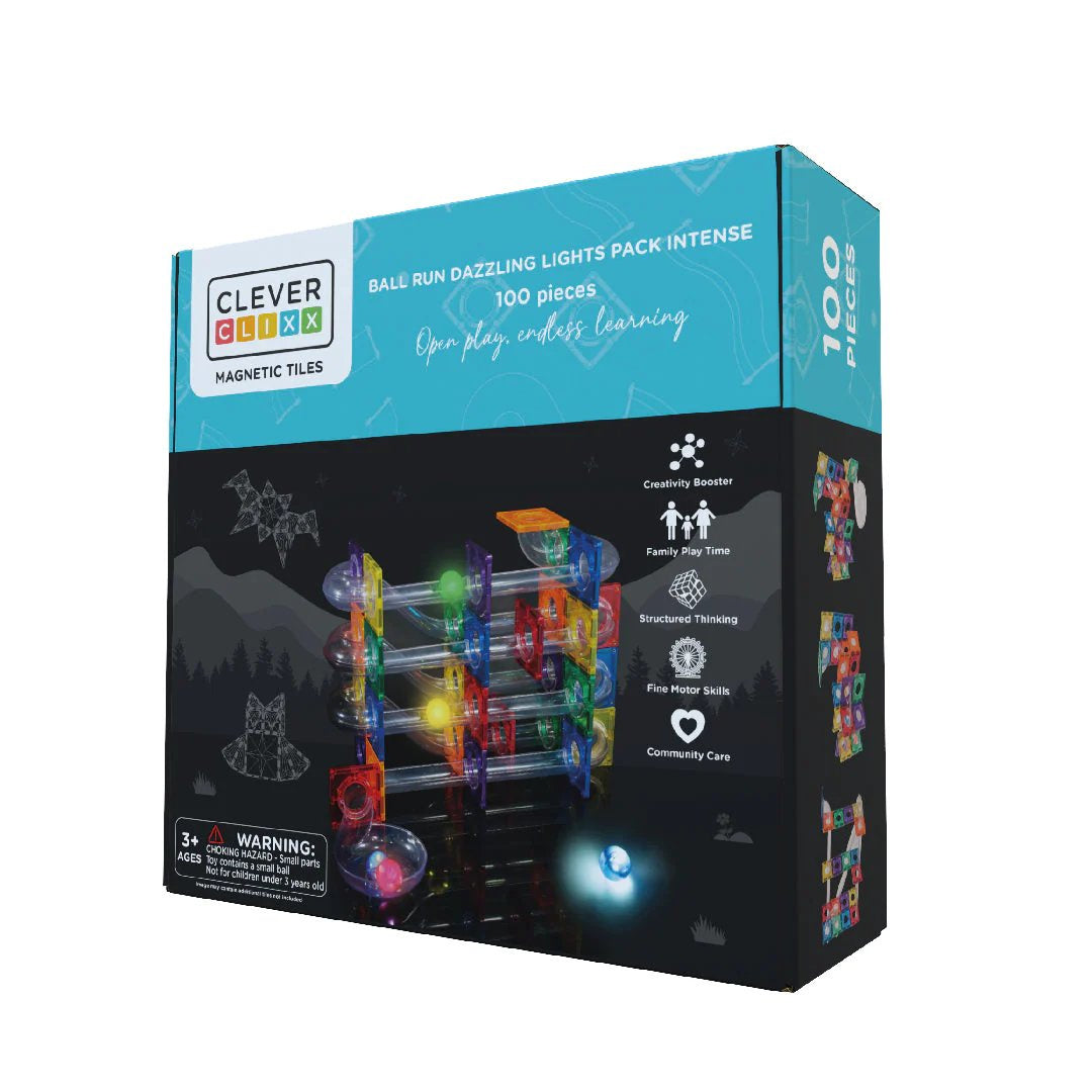 CleverClixx Ball Run Dazzling Lights Intense – zestaw 100 magnetycznych klocków ze świecącymi elementami, umożliwiający dzieciom budowanie spektakularnych tras dla kulek, które świecą w ciemności, zapewniając trwałość i stabilność dzięki solidnej konstrukcji i mocnym magnesom.