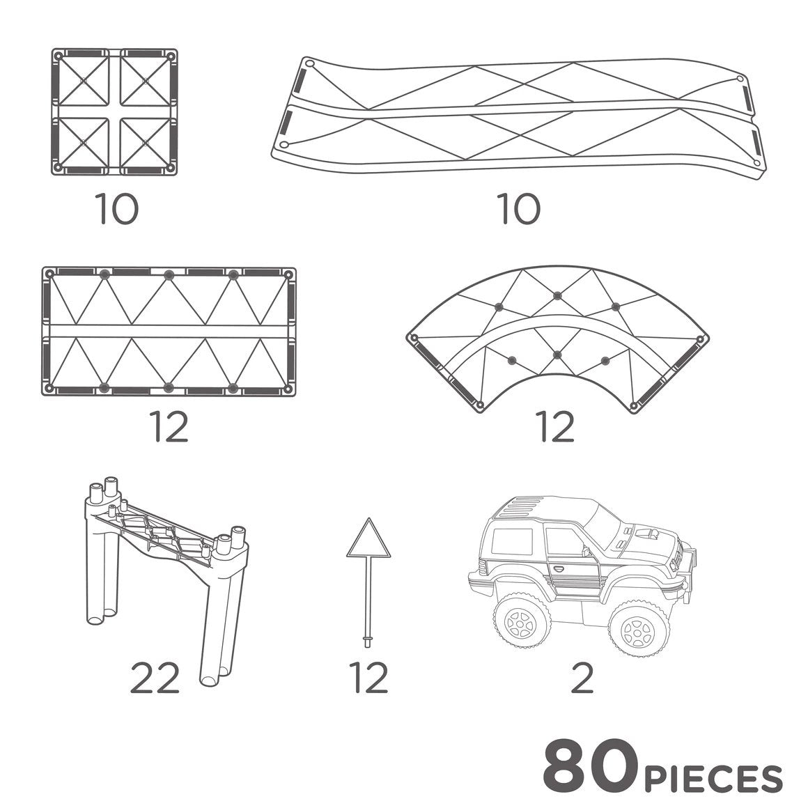 Klocki magnetyczne Cleverclixx Large Race Track Pastel składają się z 80 elementów, w tym dwóch samochodów (zielonego i fioletowego), 10 ramp, 12 płytek w kształcie łuku, 12 znaków drogowych, 10 płytek kwadratowych, 22 filarów oraz 12 płytek prostokątnych. Zestaw umożliwia budowanie różnorodnych torów wyścigowych i dodatkowych konstrukcji, co rozwija zdolności manualne, logiczne myślenie oraz kreatywność dzieci.