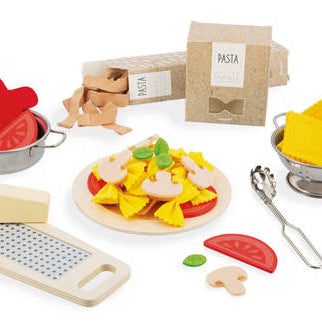 Filcowy zestaw makaronów i akcesoria kuchenne – zabawka do gotowania dla dzieci od Janod, 58 elementów, makaron farfalle, tagliatelle, parmezan, garnek