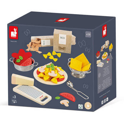 Filcowy zestaw makaronów i akcesoria kuchenne – zabawka do gotowania dla dzieci od Janod, 58 elementów, makaron farfalle, tagliatelle, parmezan, garnek
