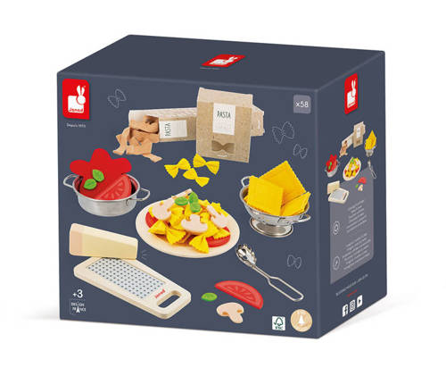 Filcowy zestaw makaronów i akcesoria kuchenne – zabawka do gotowania dla dzieci od Janod, 58 elementów, makaron farfalle, tagliatelle, parmezan, garnek