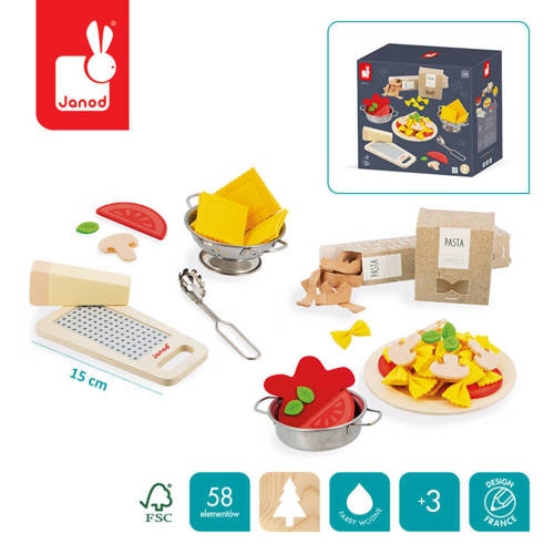 Filcowy zestaw makaronów i akcesoria kuchenne – zabawka do gotowania dla dzieci od Janod, 58 elementów, makaron farfalle, tagliatelle, parmezan, garnek