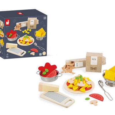 Filcowy zestaw makaronów i akcesoria kuchenne – zabawka do gotowania dla dzieci od Janod, 58 elementów, makaron farfalle, tagliatelle, parmezan, garnek