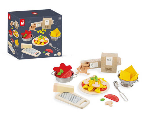 Filcowy zestaw makaronów i akcesoria kuchenne – zabawka do gotowania dla dzieci od Janod, 58 elementów, makaron farfalle, tagliatelle, parmezan, garnek