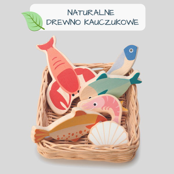 Drewniane ryby i owoce morza w wiklinowym koszyku – zestaw do zabawy dla dzieci od Tender Leaf Toys, homar, ryba, ostryga, edukacyjne drewniane zabawki ekologiczne