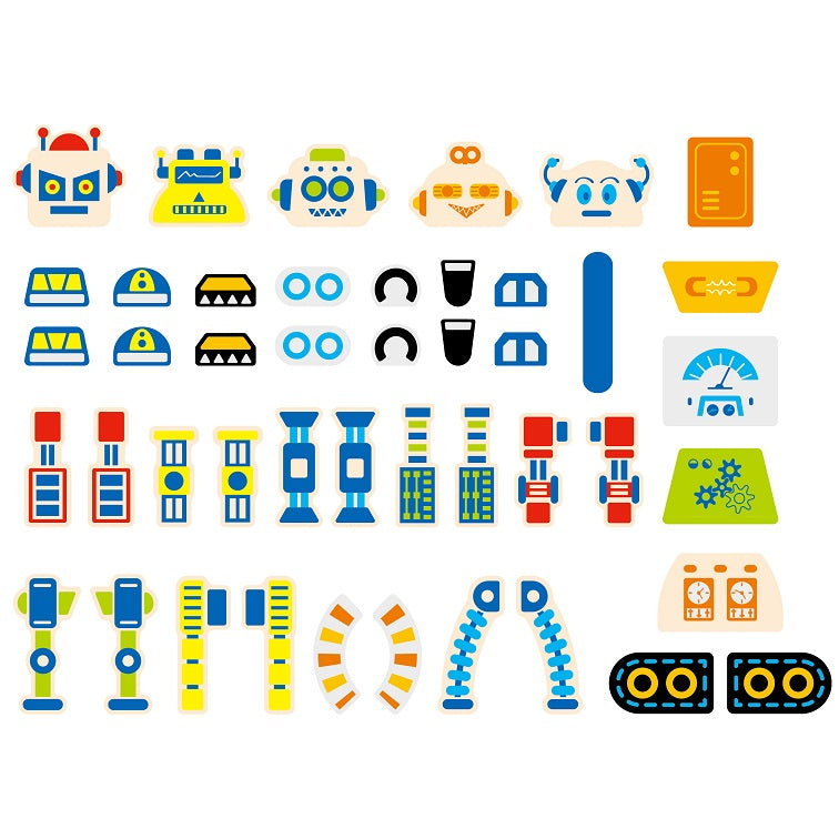 Przybijanka korkowa Roboty dla dzieci VIGA Montessori – młoteczek, pinezki i kolorowe elementy do budowania robotów na tablicy