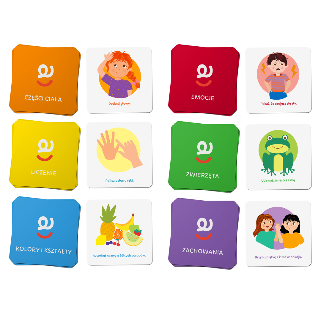 Przykładowe karty Nauka przez Zabawę – zadania z rozpoznawania kolorów, kształtów, liczenia do 10 i odgrywania zwierząt