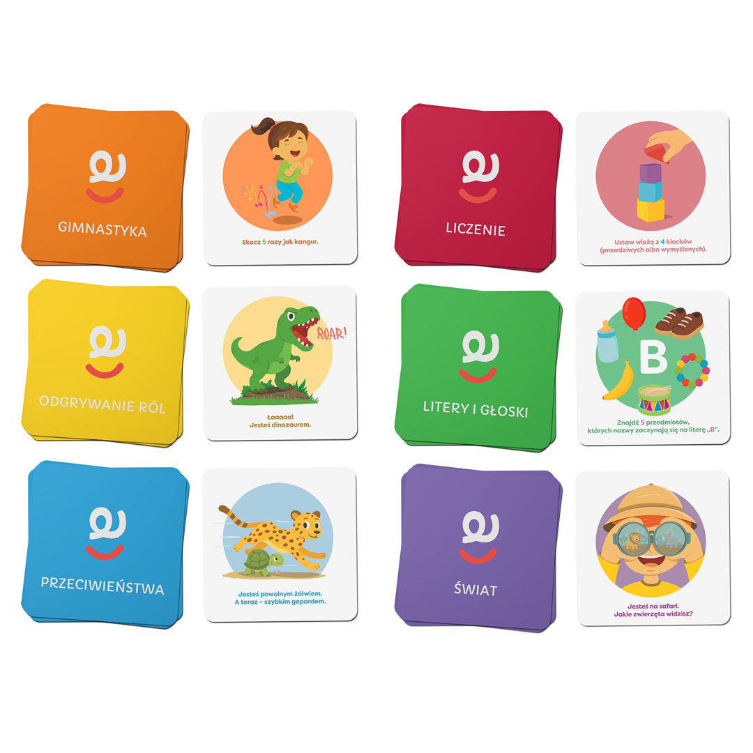 Przykładowe karty z zadaniami Szalona Zabawa – ćwiczenia ruchowe, odgrywanie ról i nauka liter dla dzieci w 6 kategoriach