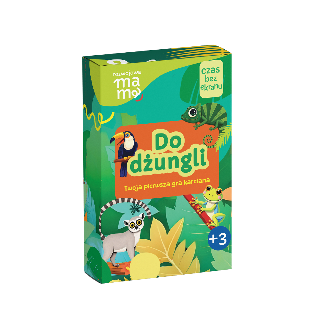 Opakowanie gry Do Dżungli – eleganckie pudełko z ilustracjami dżungli, idealne na prezent dla dziecka od 3 lat