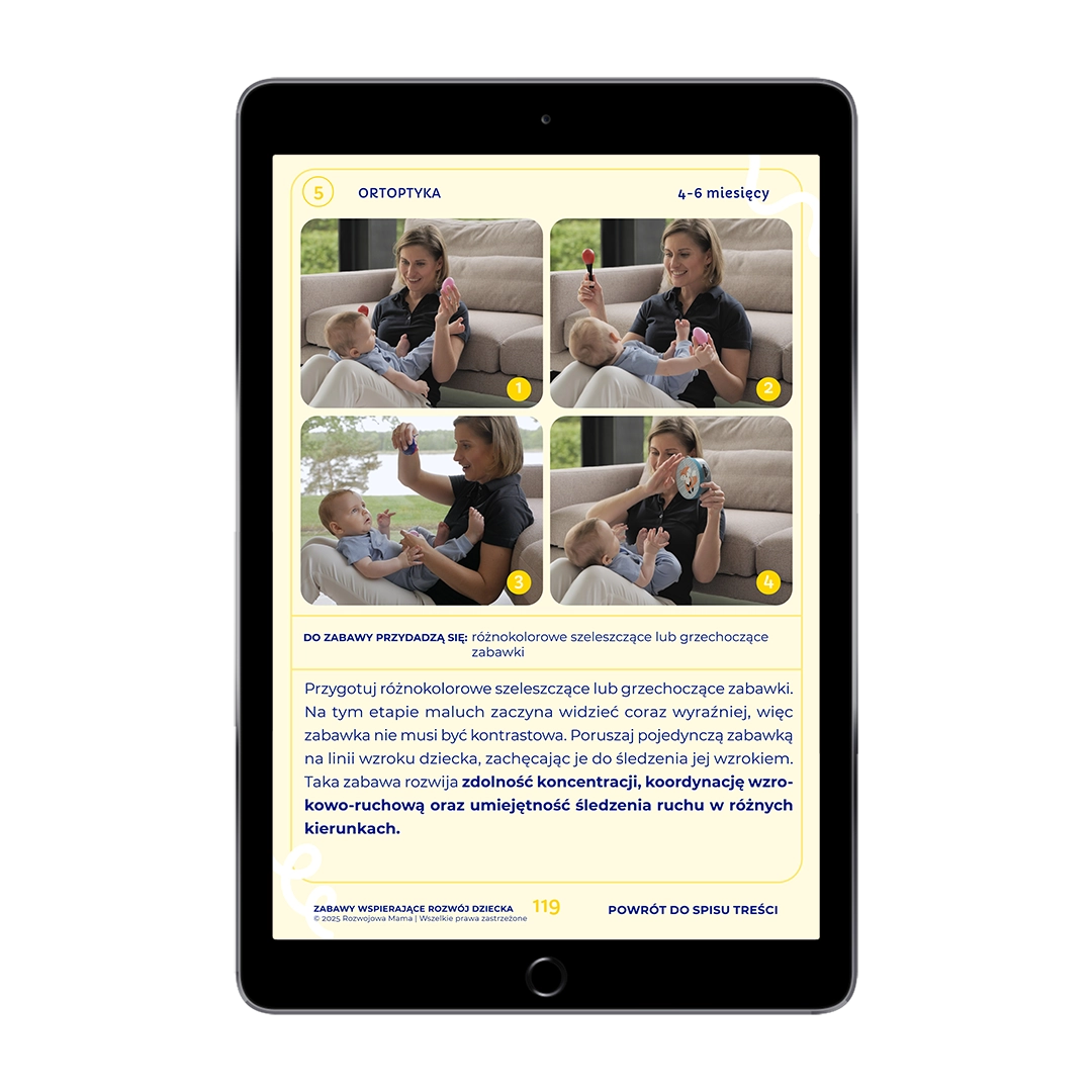 Ćwiczenia wzroku niemowlęcia 4–6 miesięcy – strona e-booka z zabawami ortoptycznymi i zdjęciami instruktażowymi