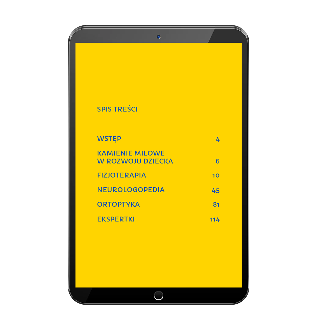 Spis treści e-booka zabawy 7–12 miesięcy – rozdziały: kamienie milowe, fizjoterapia, neurologopedia, ortoptyka