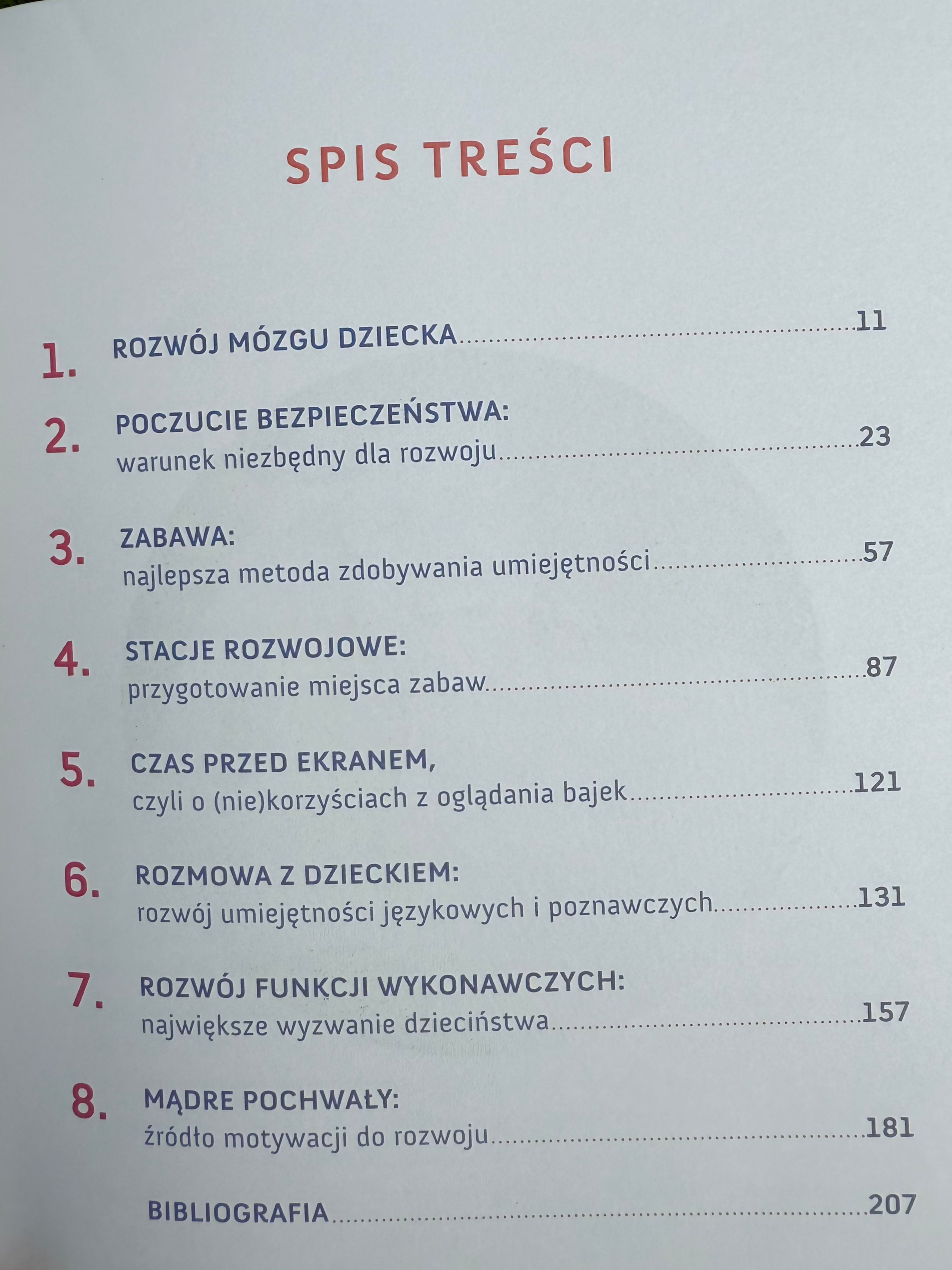 Spis treści książki „Twoje dziecko" – rozdziały: rozwój mózgu, samoregulacja, czas ekranowy, rozwój mowy, mądre pochwały
