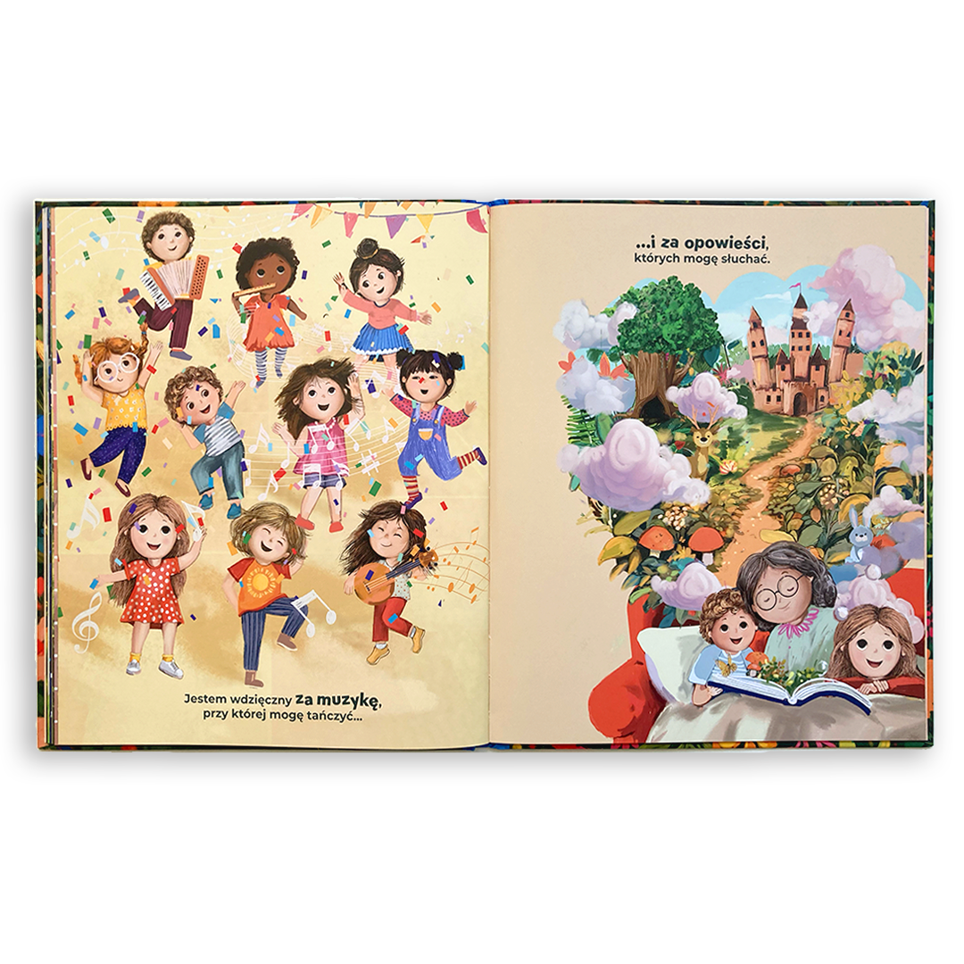 Strona z książki „Dziękuję!" – piękna ilustracja i tekst uczący dzieci dostrzegać wdzięczność w codziennych sytuacjach