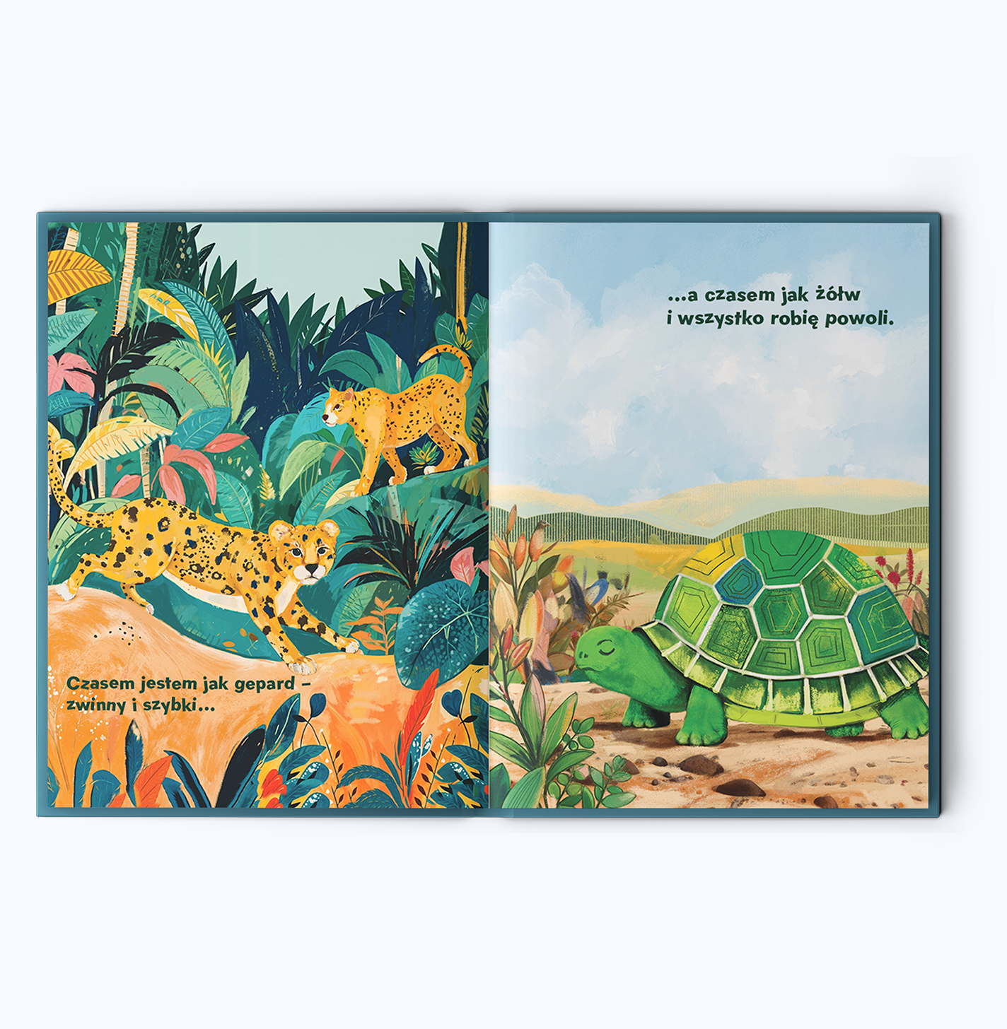 Strona z książki „Moja magiczna moc" – emocje pokazane przez przygody zwierząt, kolorowe ilustracje dla dzieci 2–7 lat