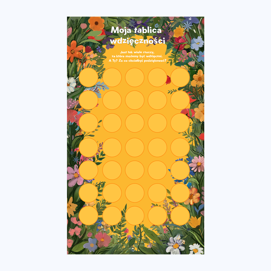 Tablica wdzięczności z książki „Dziękuję!" – kolorowa plansza z 35 polami do wypełniania rzeczami, za które jesteśmy wdzięczni