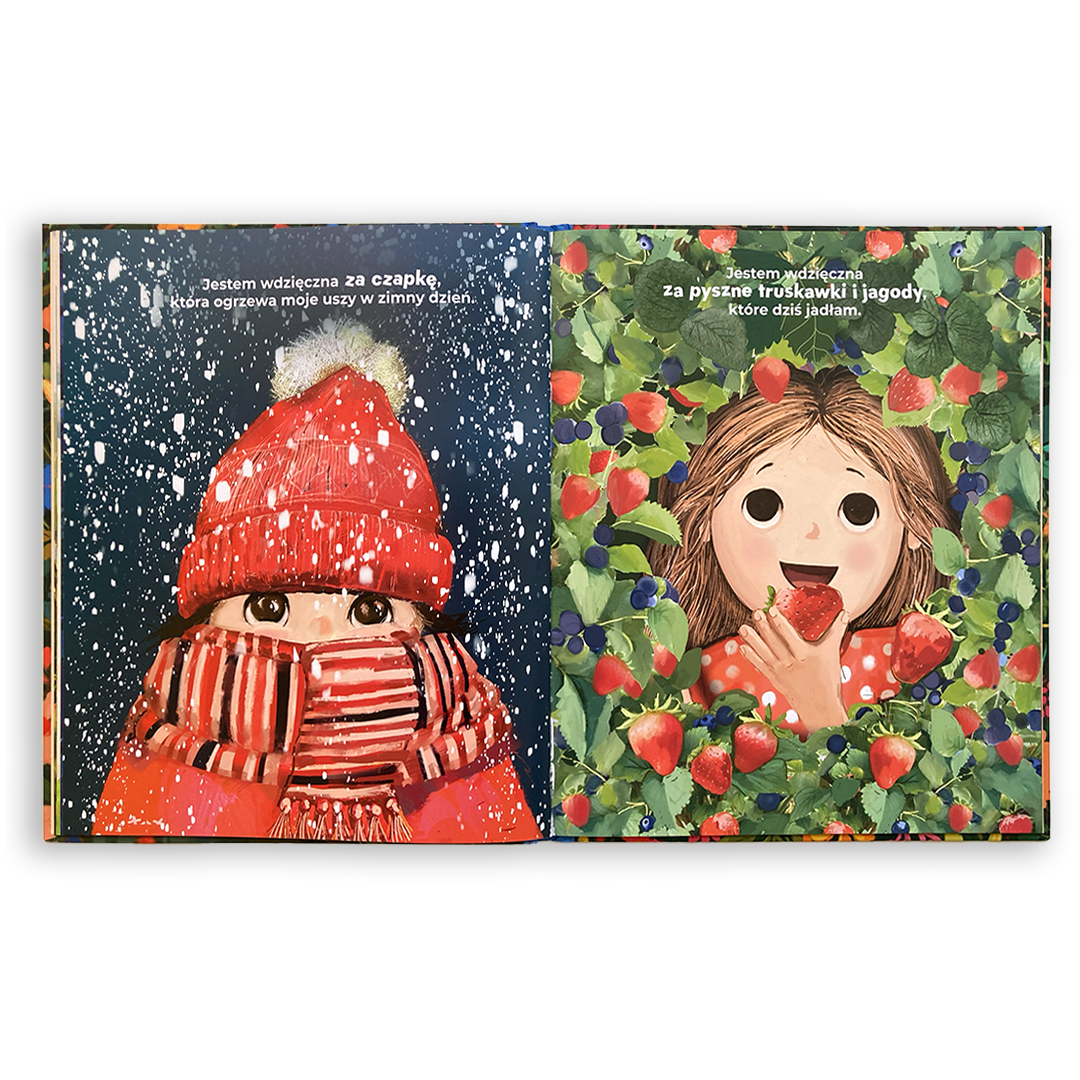 Wnętrze książki „Dziękuję!" – kolorowe ilustracje i przystępny tekst o wdzięczności dla najmłodszych czytelników