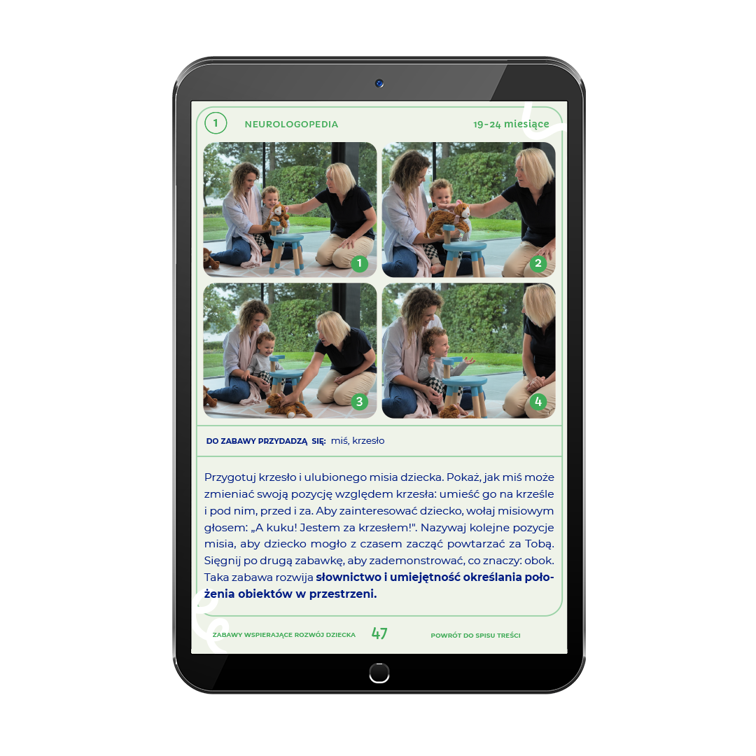 Zabawy wspierające motorykę i mowę dwulatka 19–24 miesiące – przykładowa strona e-booka ze zdjęciem i opisem