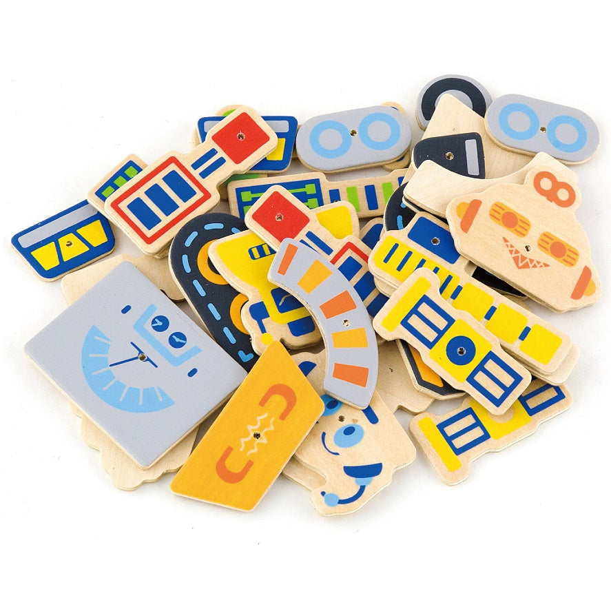 Kolorowe elementy robotów przybijanki VIGA Montessori – różne kształty i kolory do tworzenia robotów na korkowej tablicy