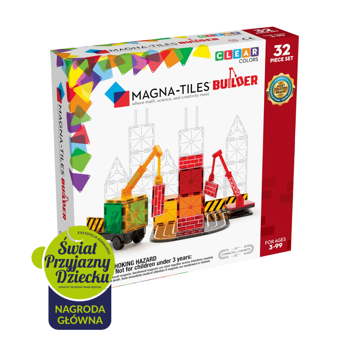 Klocki magnetyczne Builder 32 el. MAGNA-TILES – dźwig z wysięgnikiem i płytki drogowe
