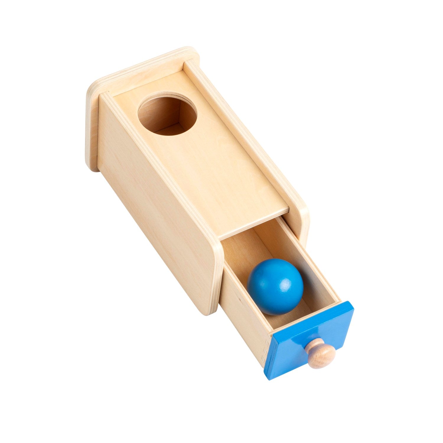 Drewniane pudełko z szufladką Montessori, wspierające rozwój umiejętności manualnych, koordynacji wzrokowo-ruchowej oraz zrozumienie relacji przyczynowo-skutkowych u dzieci.