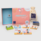 Obrazek prezentuje pudełko gry "Memory o emocjach", karty do gry w stosiku, karty rozłożone oraz woreczek do przechowywania kart.