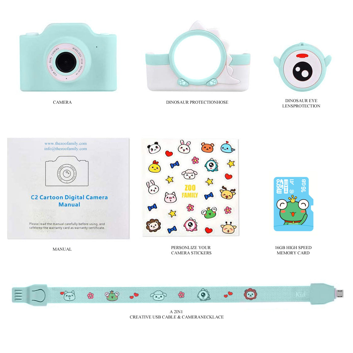 Wnętrze zestawu z aparatem Mint Green Dinosaur, pokazujące kartę pamięci 32 GB, która pomieści do 8000 zdjęć oraz instrukcje użytkowania.